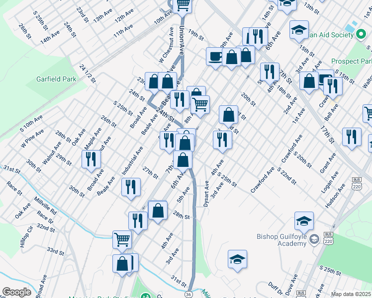 map of restaurants, bars, coffee shops, grocery stores, and more near 610 25th Street in Altoona