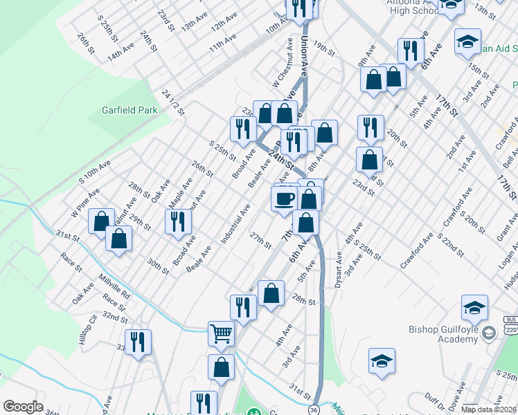 map of restaurants, bars, coffee shops, grocery stores, and more near in Altoona