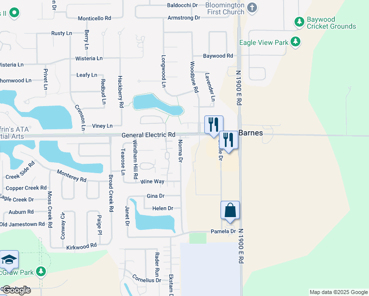 map of restaurants, bars, coffee shops, grocery stores, and more near 1418 Norma Drive in Bloomington