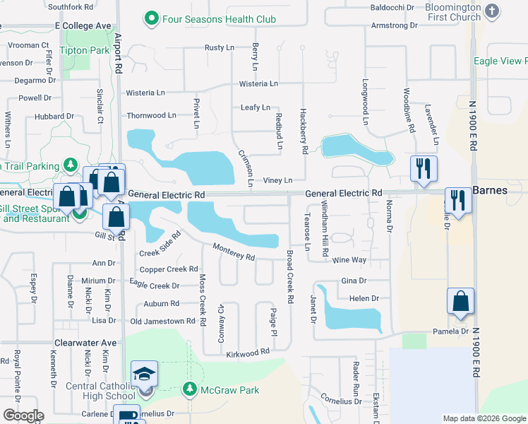 map of restaurants, bars, coffee shops, grocery stores, and more near 3316 Golden Eagle Road in Bloomington