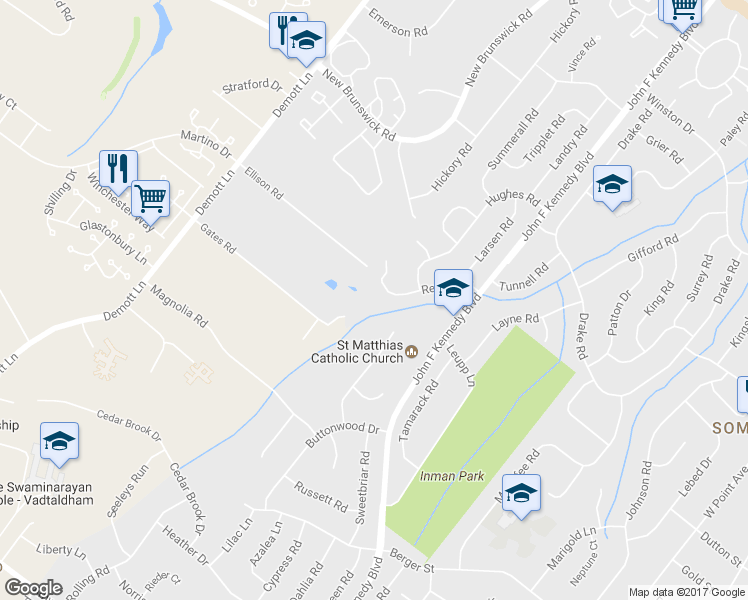 map of restaurants, bars, coffee shops, grocery stores, and more near 21 Renfro Road in Franklin Township