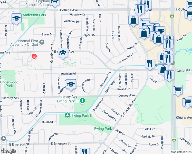 map of restaurants, bars, coffee shops, grocery stores, and more near 25 Kingswood Drive in Normal