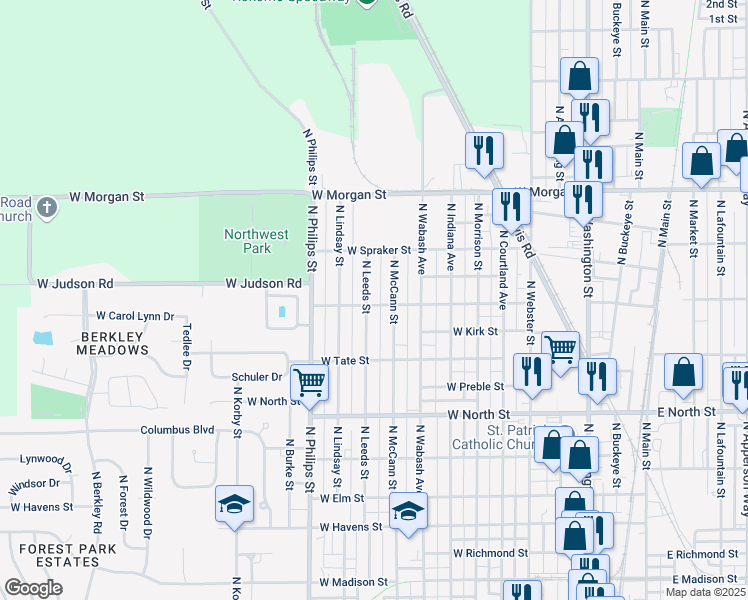 map of restaurants, bars, coffee shops, grocery stores, and more near 1115 West Lordeman Street in Kokomo
