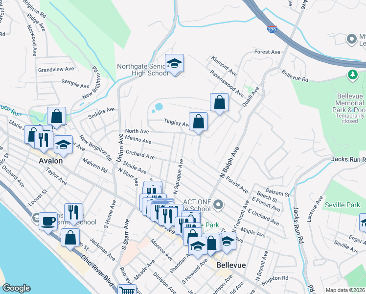 map of restaurants, bars, coffee shops, grocery stores, and more near 183 North Sprague Avenue in Pittsburgh