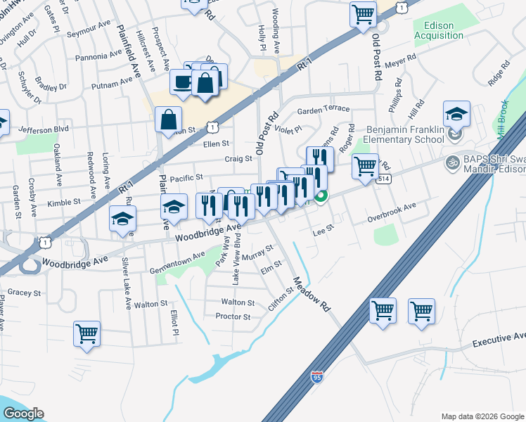 map of restaurants, bars, coffee shops, grocery stores, and more near 1 Old Post Road in Edison