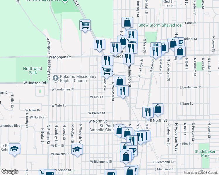 map of restaurants, bars, coffee shops, grocery stores, and more near 1622 North Webster Street in Kokomo
