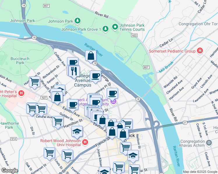 map of restaurants, bars, coffee shops, grocery stores, and more near 542 George St in New Brunswick