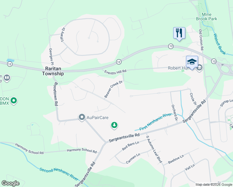 map of restaurants, bars, coffee shops, grocery stores, and more near 4 Columbine Drive in Flemington