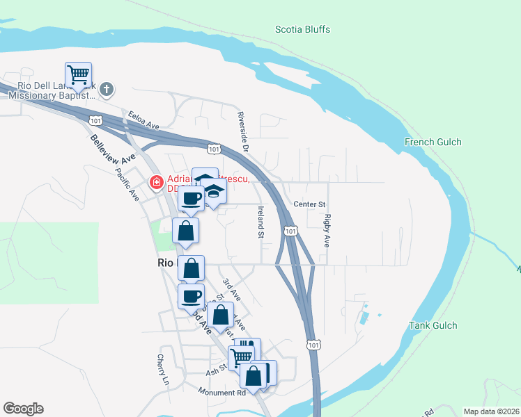 map of restaurants, bars, coffee shops, grocery stores, and more near 728-760 Ireland Street in Rio Dell