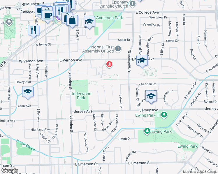 map of restaurants, bars, coffee shops, grocery stores, and more near 11 Thomas Drive in Normal