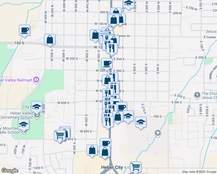 map of restaurants, bars, coffee shops, grocery stores, and more near 67 East 500 South in Heber City