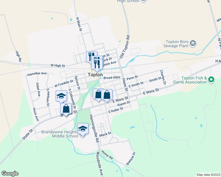 map of restaurants, bars, coffee shops, grocery stores, and more near 33 East Smith Street in Topton
