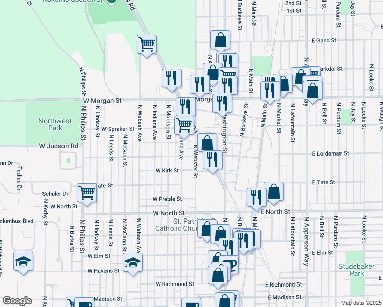 map of restaurants, bars, coffee shops, grocery stores, and more near 508 West Lordeman Street in Kokomo