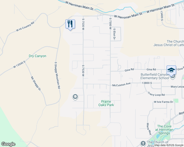 map of restaurants, bars, coffee shops, grocery stores, and more near 13742 Bronco Hills Circle in Herriman