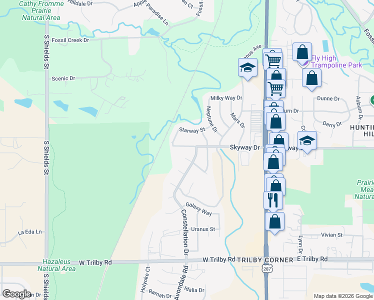 map of restaurants, bars, coffee shops, grocery stores, and more near 412 Orion Court in Fort Collins