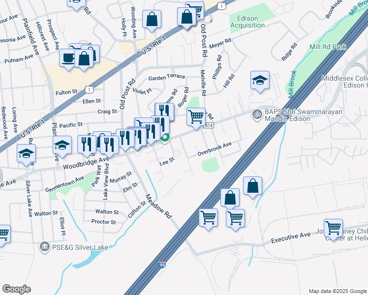 map of restaurants, bars, coffee shops, grocery stores, and more near 12 Lee Street in Edison