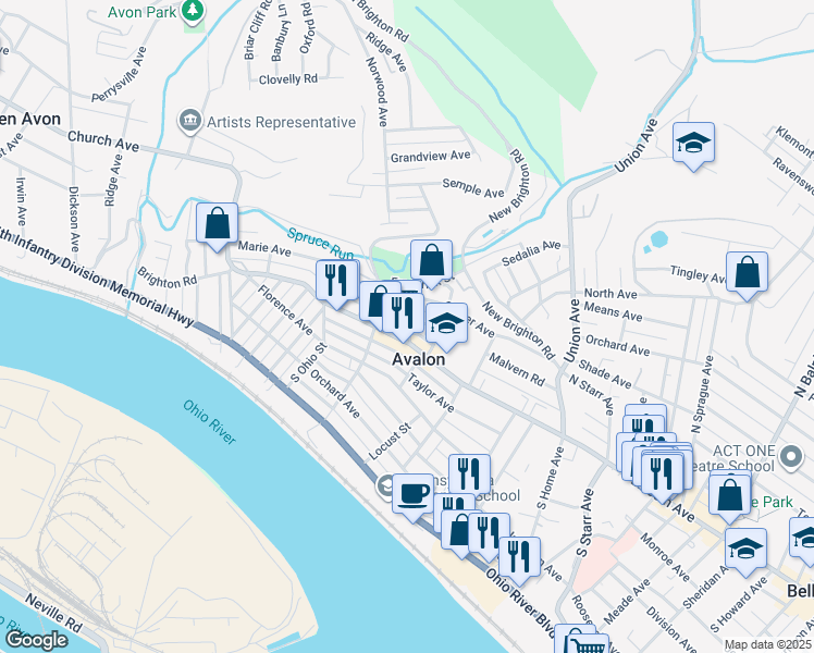 map of restaurants, bars, coffee shops, grocery stores, and more near 620 California Avenue in Pittsburgh