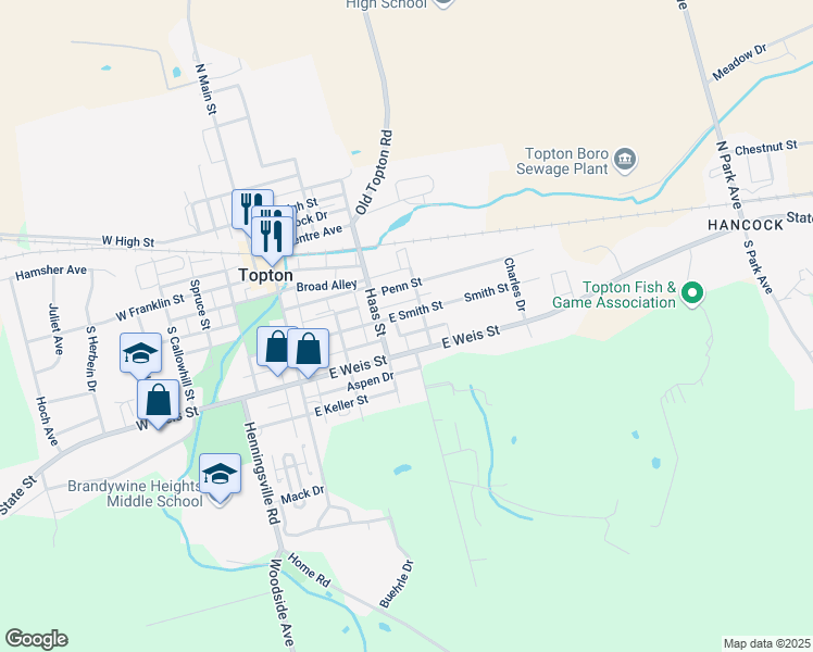 map of restaurants, bars, coffee shops, grocery stores, and more near 217 Poplar Drive in Topton