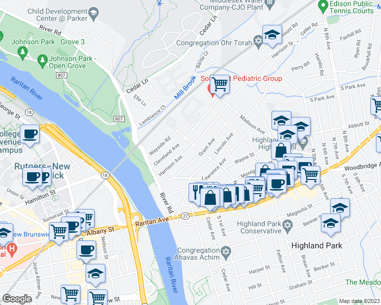 map of restaurants, bars, coffee shops, grocery stores, and more near 56 Grant Avenue in Highland Park