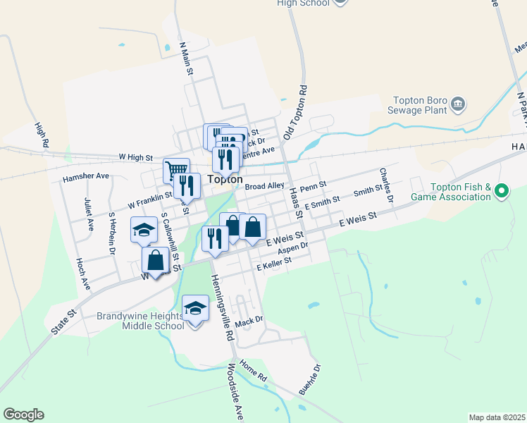 map of restaurants, bars, coffee shops, grocery stores, and more near 37 East Smith Street in Topton