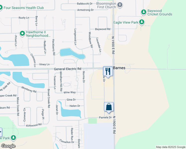 map of restaurants, bars, coffee shops, grocery stores, and more near 1410 Woodbine Road in Bloomington