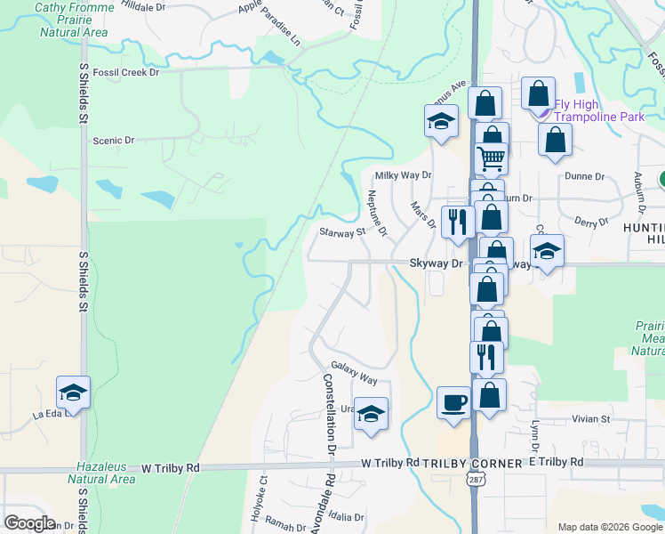 map of restaurants, bars, coffee shops, grocery stores, and more near 412 Orion Court in Fort Collins