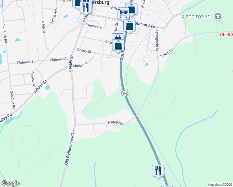 map of restaurants, bars, coffee shops, grocery stores, and more near 1990 Pennsylvania 309 in Coopersburg