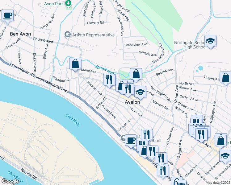 map of restaurants, bars, coffee shops, grocery stores, and more near 538 California Avenue in Pittsburgh