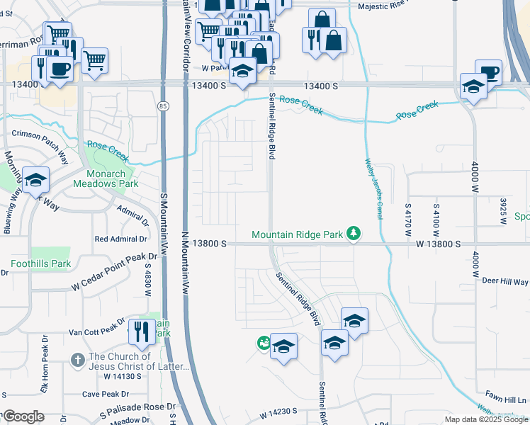 map of restaurants, bars, coffee shops, grocery stores, and more near 13724 South Eckhart Lane in Riverton