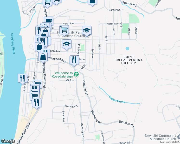 map of restaurants, bars, coffee shops, grocery stores, and more near 640 Church Street in Verona