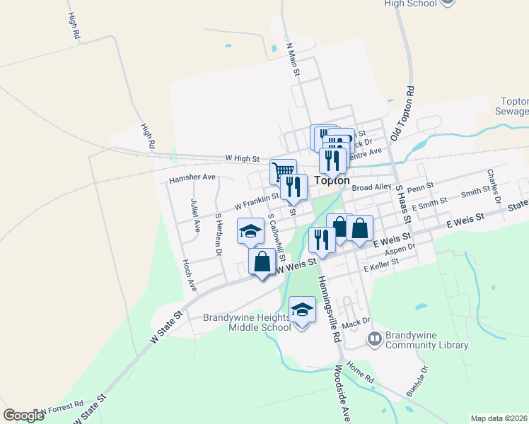 map of restaurants, bars, coffee shops, grocery stores, and more near 33 South Callowhill Street in Topton