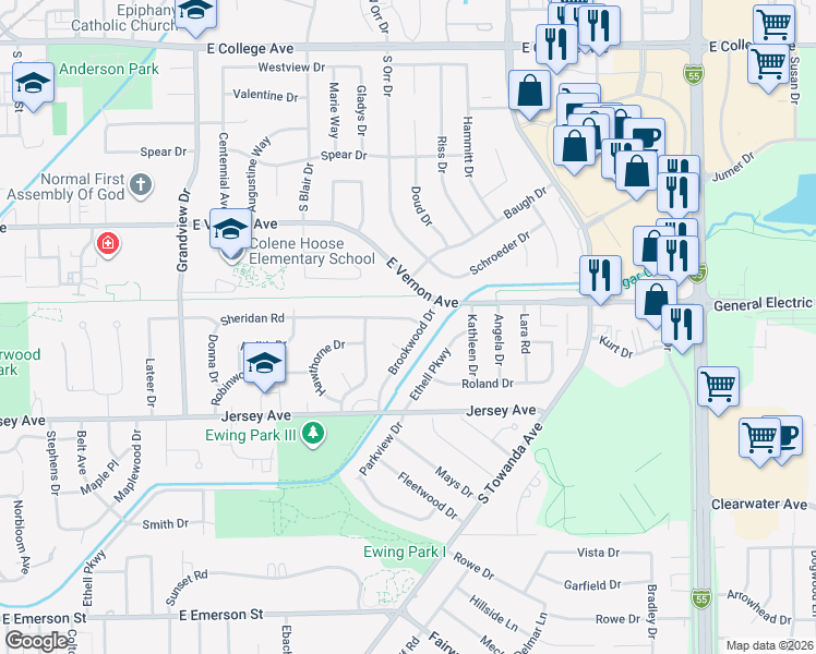 map of restaurants, bars, coffee shops, grocery stores, and more near 6 Hundman Court in Normal