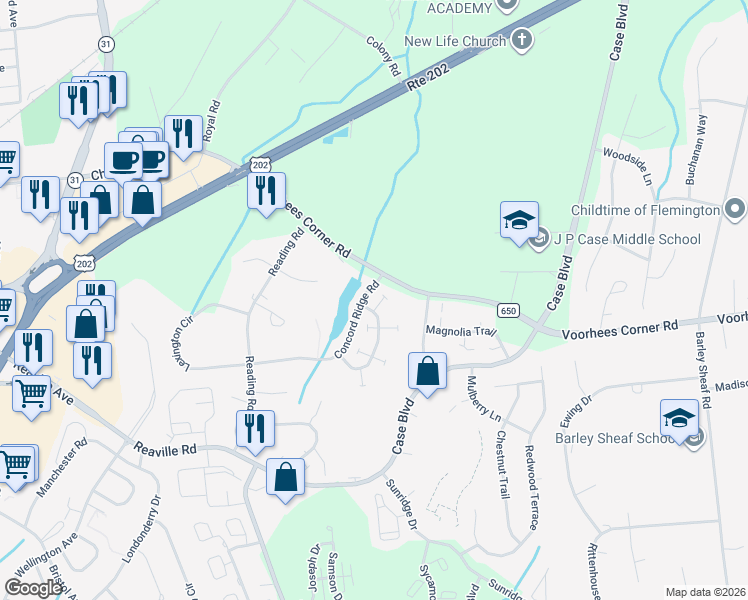 map of restaurants, bars, coffee shops, grocery stores, and more near 508 Sturbridge Court in Flemington