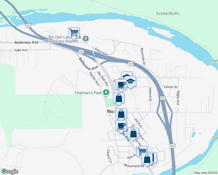 map of restaurants, bars, coffee shops, grocery stores, and more near 53 Center Street in Rio Dell