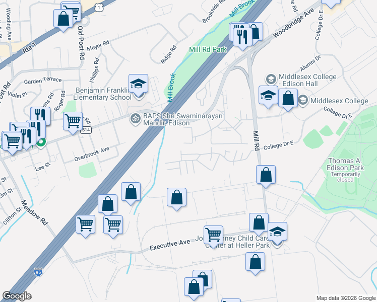 map of restaurants, bars, coffee shops, grocery stores, and more near 219 College Drive in Edison