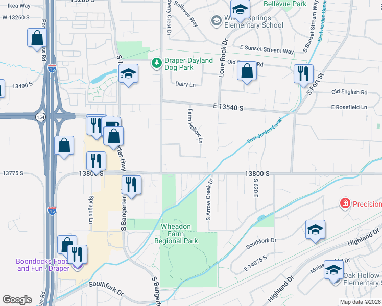 map of restaurants, bars, coffee shops, grocery stores, and more near 403 Brown Farm Lane in Draper