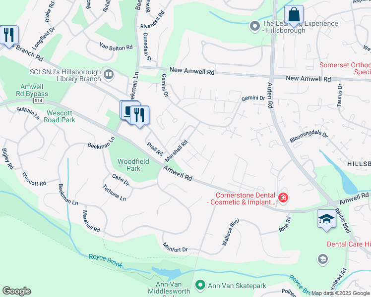 map of restaurants, bars, coffee shops, grocery stores, and more near 926 Merritt Drive in Hillsborough Township