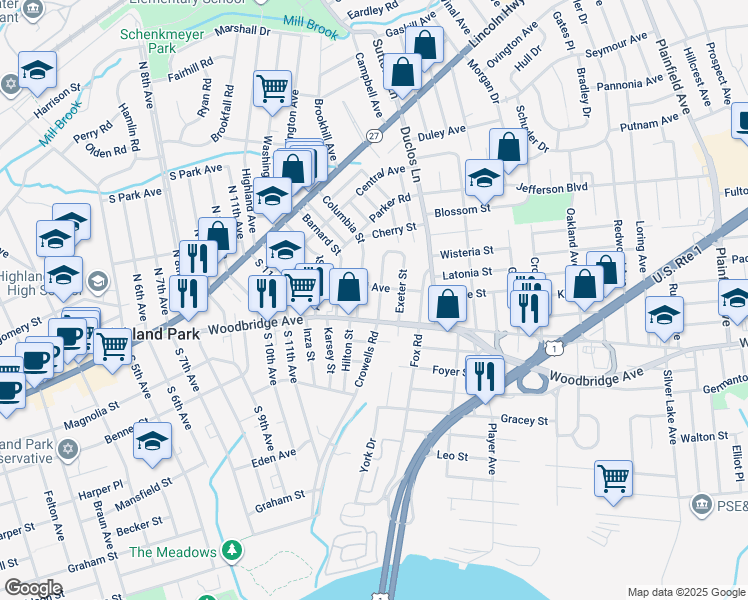 map of restaurants, bars, coffee shops, grocery stores, and more near 208 Dartmouth Street in Highland Park