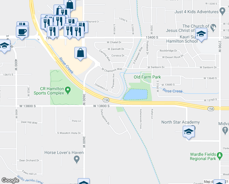 map of restaurants, bars, coffee shops, grocery stores, and more near 3399 West Mount Cortina Way in Riverton