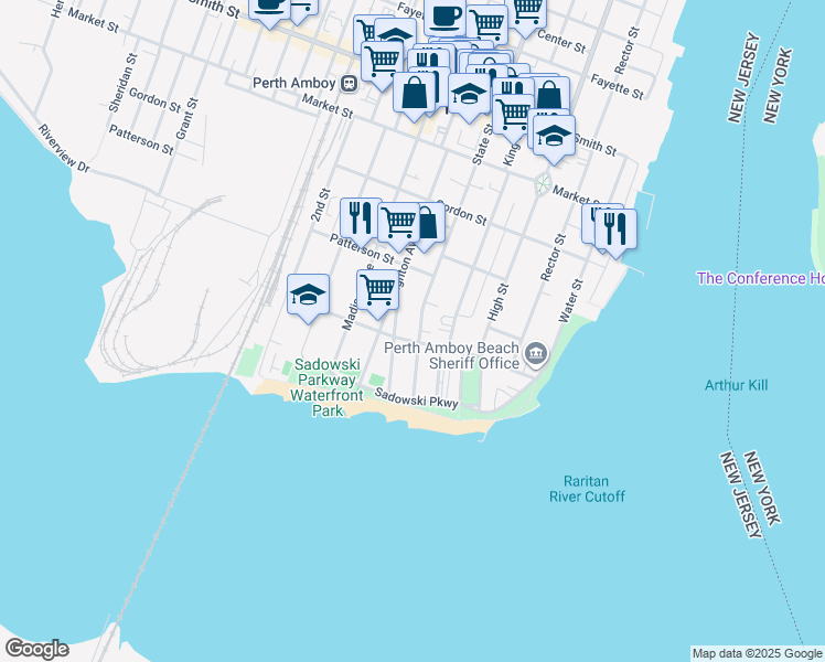 map of restaurants, bars, coffee shops, grocery stores, and more near 117 Lewis Street in Perth Amboy