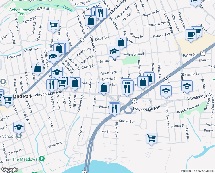 map of restaurants, bars, coffee shops, grocery stores, and more near 14 North Riverview Avenue in Edison
