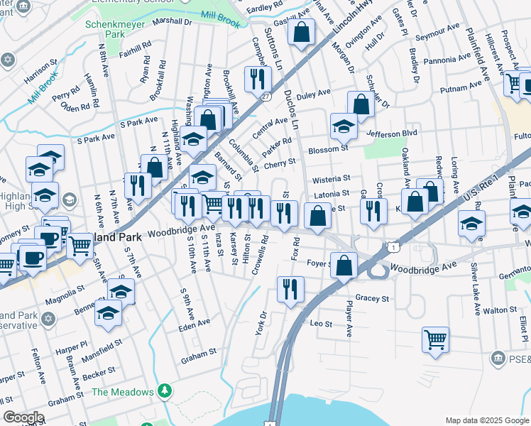 map of restaurants, bars, coffee shops, grocery stores, and more near 208 Dartmouth Street in Highland Park