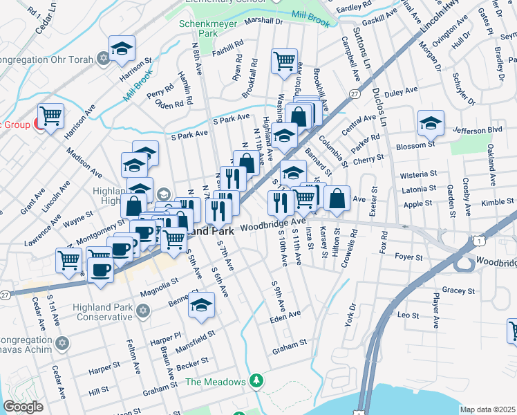 map of restaurants, bars, coffee shops, grocery stores, and more near 73 Woodbridge Avenue in Highland Park