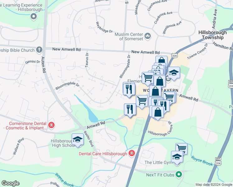 map of restaurants, bars, coffee shops, grocery stores, and more near 25 Bloomingdale Drive in Hillsborough Township