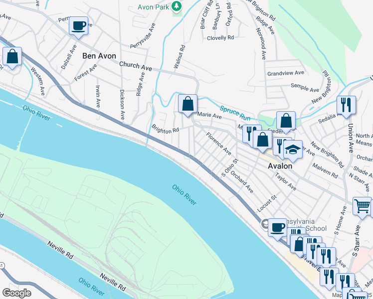 map of restaurants, bars, coffee shops, grocery stores, and more near 6529 Ohio River Boulevard in Pittsburgh