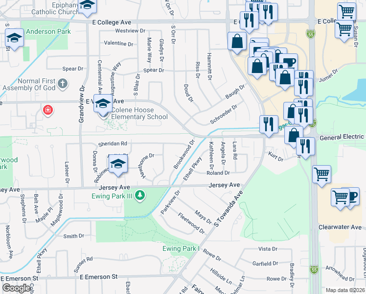 map of restaurants, bars, coffee shops, grocery stores, and more near 6 Hundman Court in Normal