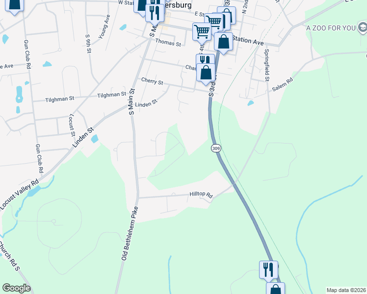 map of restaurants, bars, coffee shops, grocery stores, and more near 1990 Pennsylvania 309 in Coopersburg