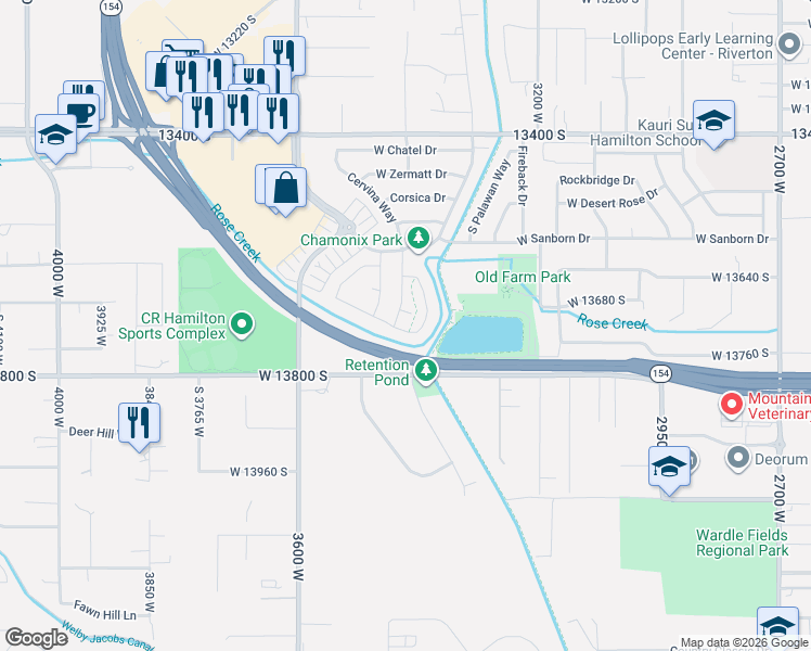 map of restaurants, bars, coffee shops, grocery stores, and more near 3399 West Mount Cortina Way in Riverton