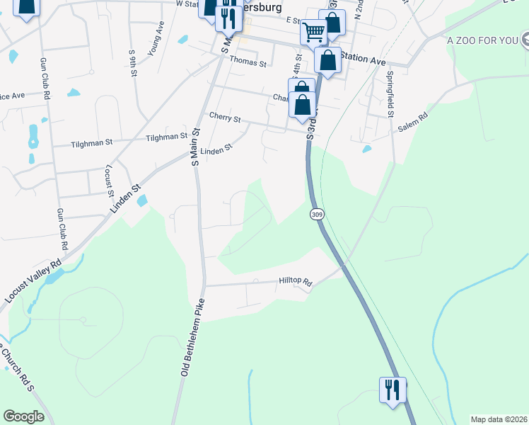 map of restaurants, bars, coffee shops, grocery stores, and more near 7535 South Main Street in Coopersburg