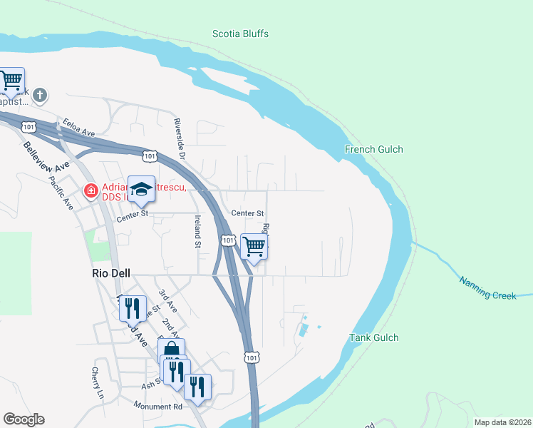 map of restaurants, bars, coffee shops, grocery stores, and more near 780 Rigby Avenue in Rio Dell